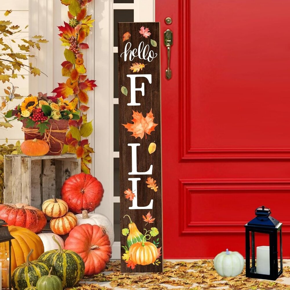 Hello Fall Welcome Sign for Front Porch Standing, Wooden Porch Sign with Leaves